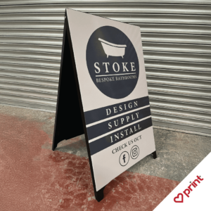 Metal A-Board Pavement Sign. Hardware is fabricated from mild steel for internal and external use, weight: 9kg, much more solid and substantial than the cheaper PVC signs. A-board is branded on both sides with a vinyl print, gloss laminated for UV protection.