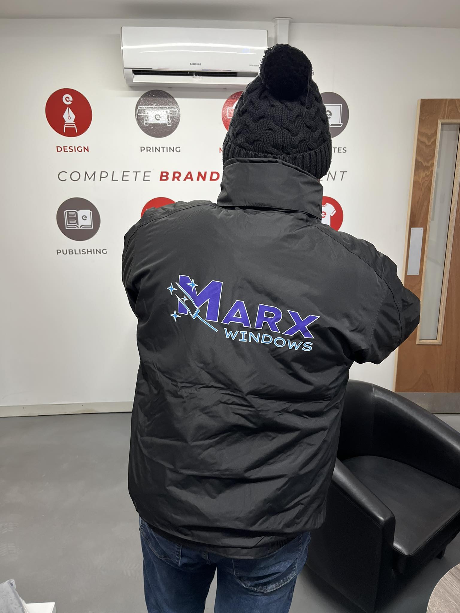 Custom waterproof coat print using DTF film and heat press by Luv Print Stoke-on-Trent