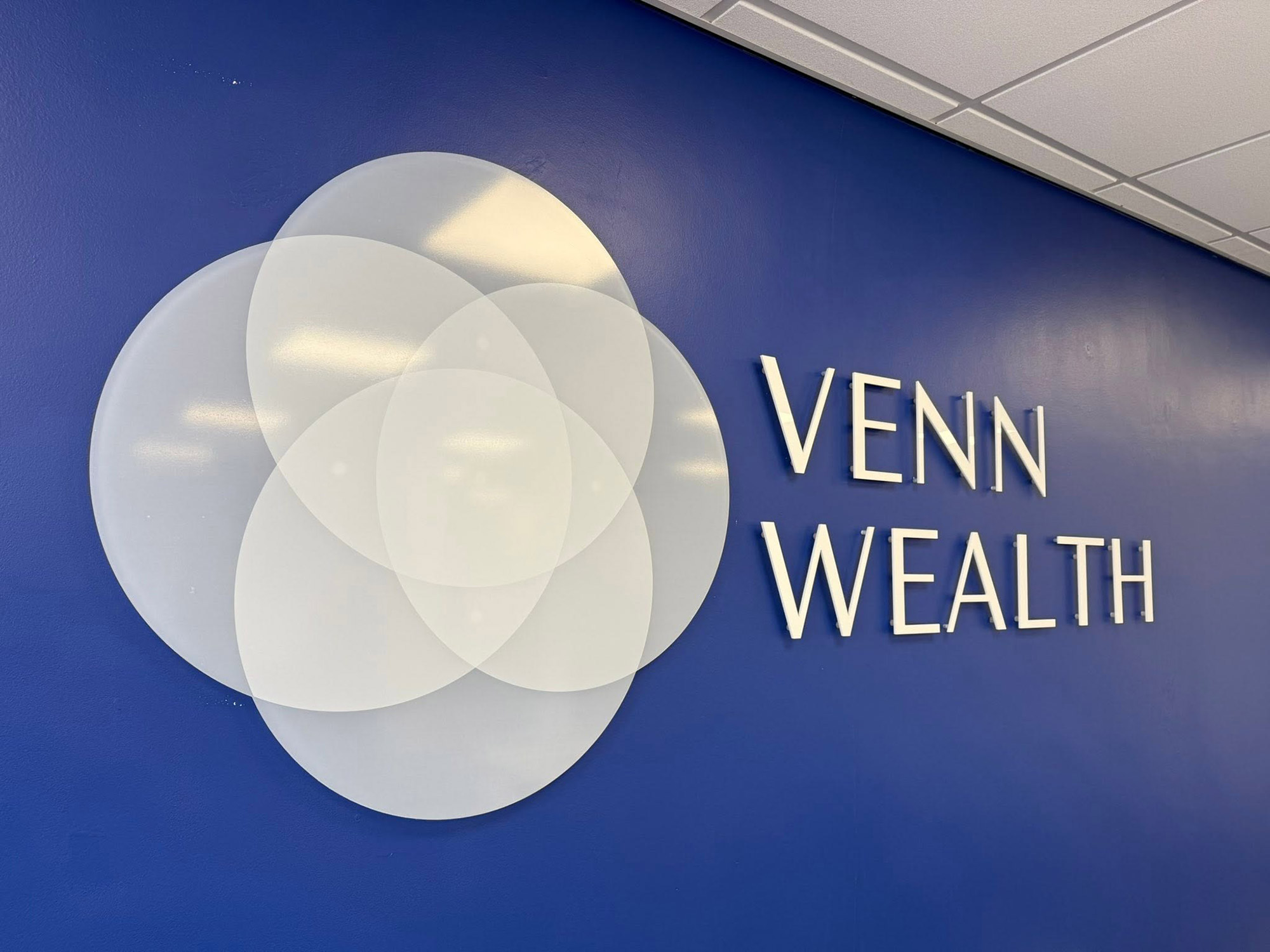 White sign on clear vinyl, letter cut in gloss white acrylic, installed with standoff fixings - design, fabrication and install from Luv print, l Stoke on Trent